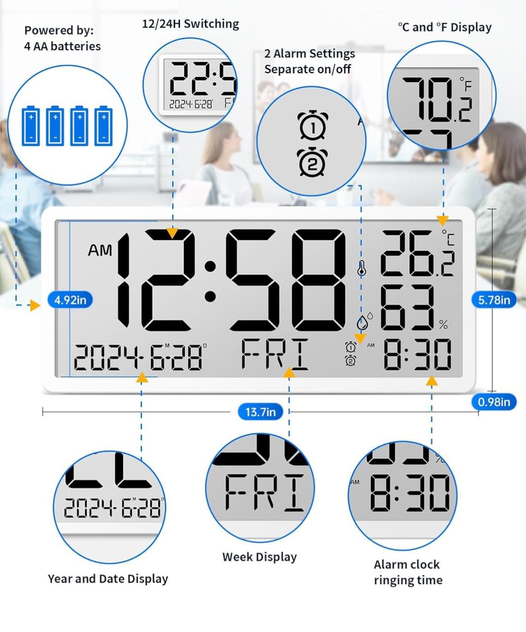 ساعة حائط رقمية من MASHI - شاشة كبيرة 14 بوصة