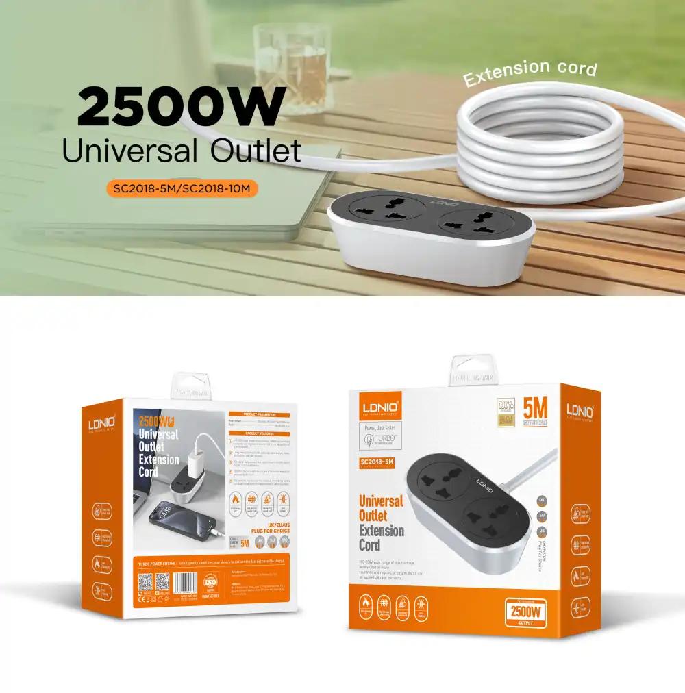 LDNIO SC2018 قابس تمديد كهربائي عالمي بمخرجين AC