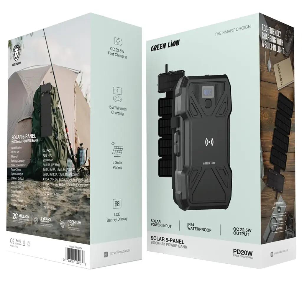 باور بانك Green Lion الشمسي بـ 5 ألواح - سعة 20000 مللي أمبير