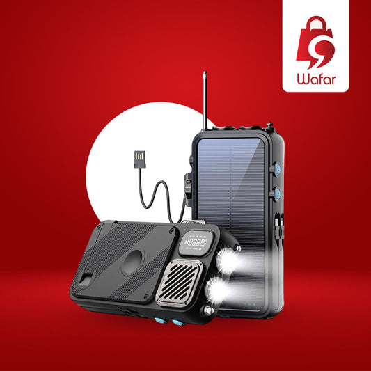 باورولوجي بنك طاقة شمسي 16000mAh مع راديو FM وسماعة وإضاءة - أسود