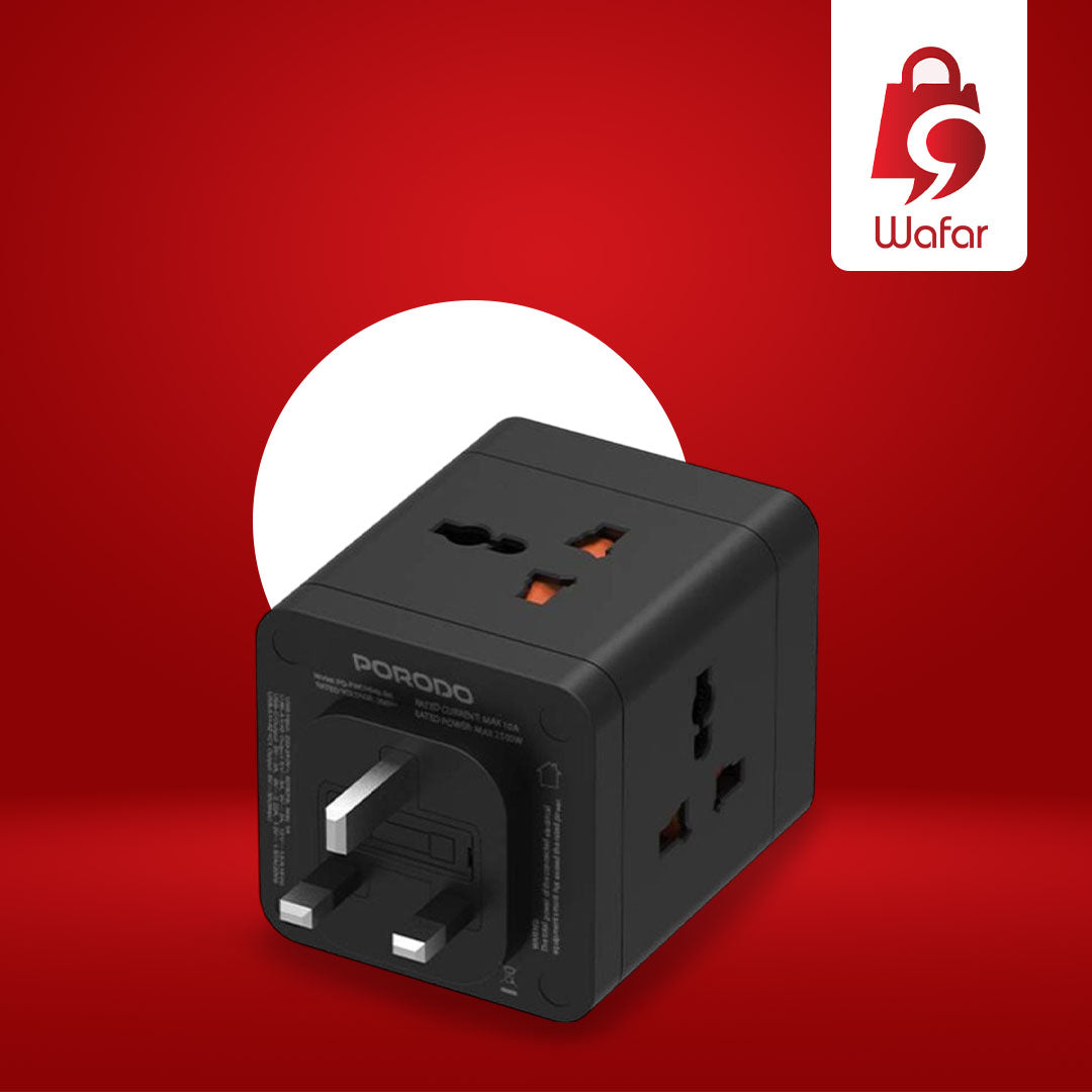 Porodo محول طاقة عالمي بـ4 منافذ AC مع منفذ USB-C ومنفذي USB-A، شحن سريع، توصيل طاقة 20 واط، حماية
