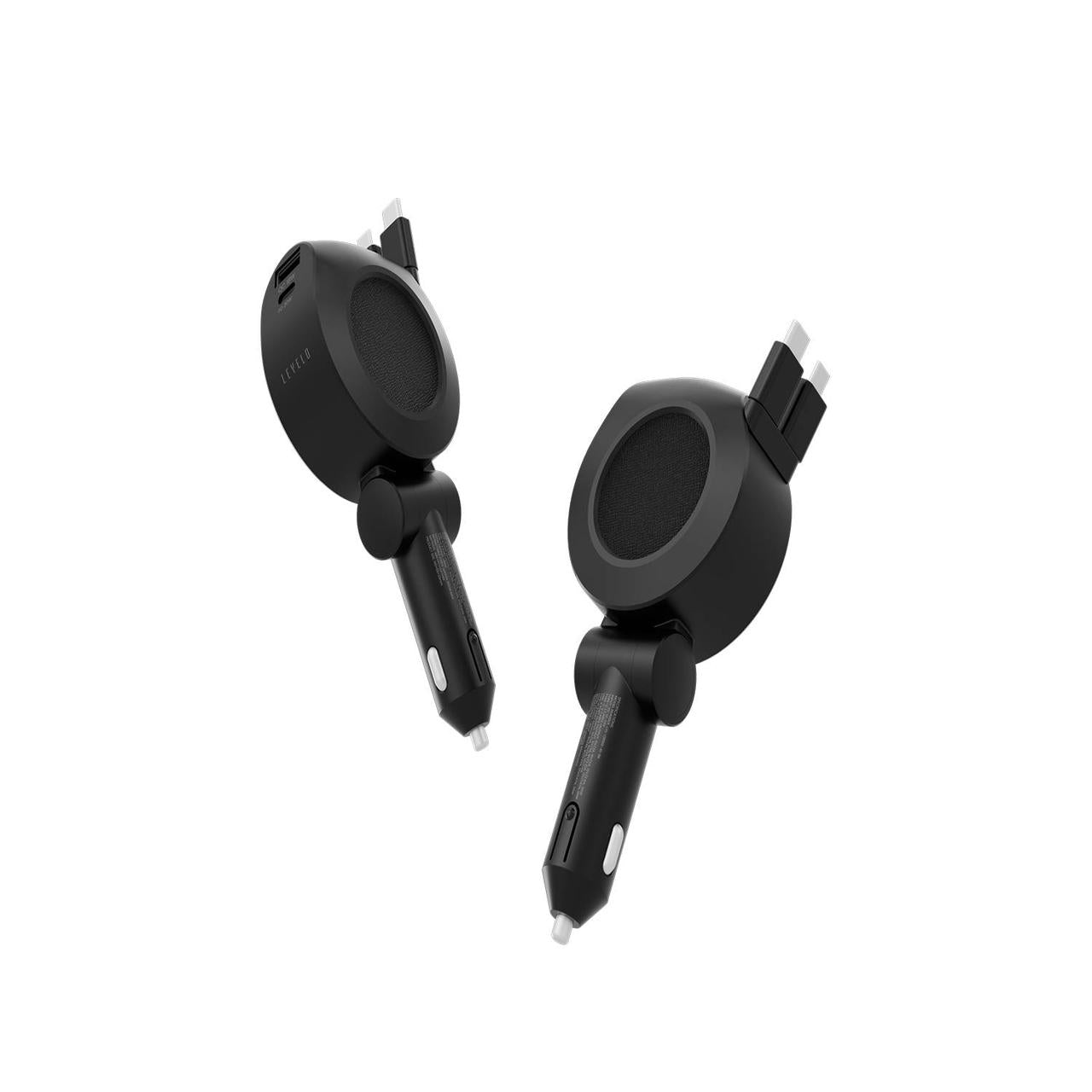 Levelo Orbis 4-in-1 Saffiano Leather Car Charger with 2 Retractable Type-C Cables