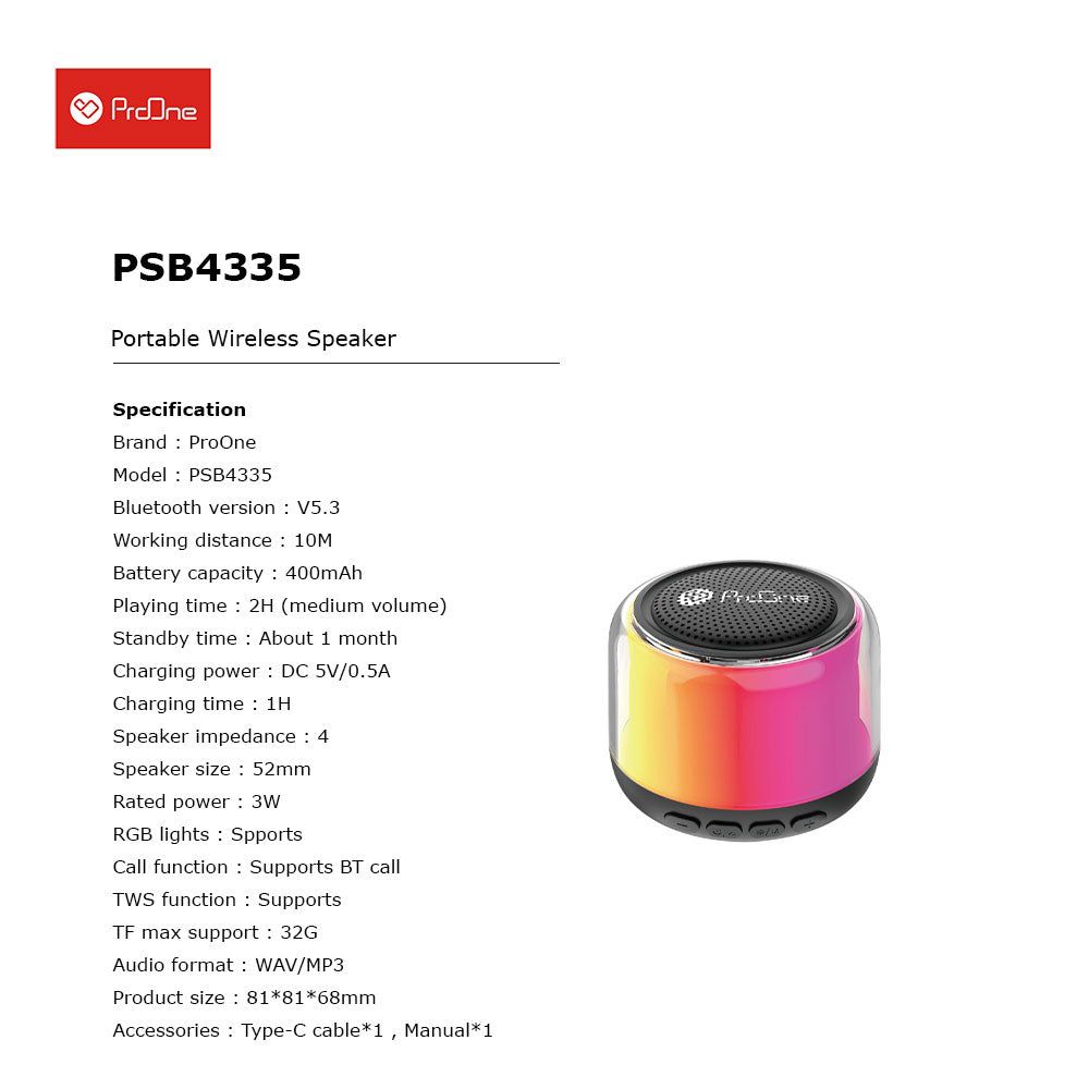 سماعة بلوتوث محمولة ProOne موديل PSB4335