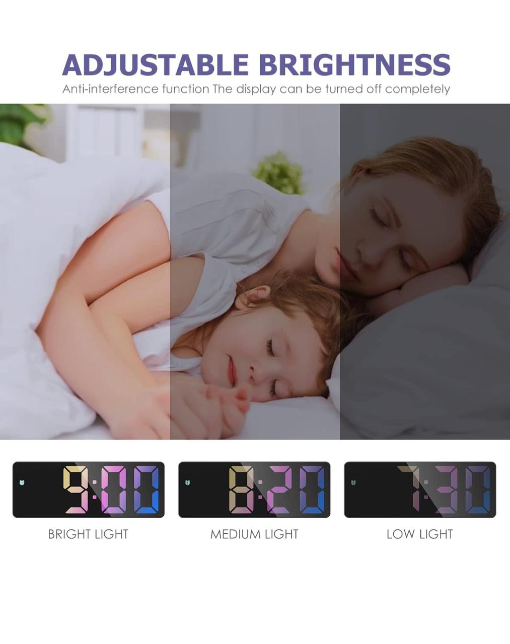 ساعة منبه رقمية ملونة بشاشة LED كبيرة وتحكم صوتي