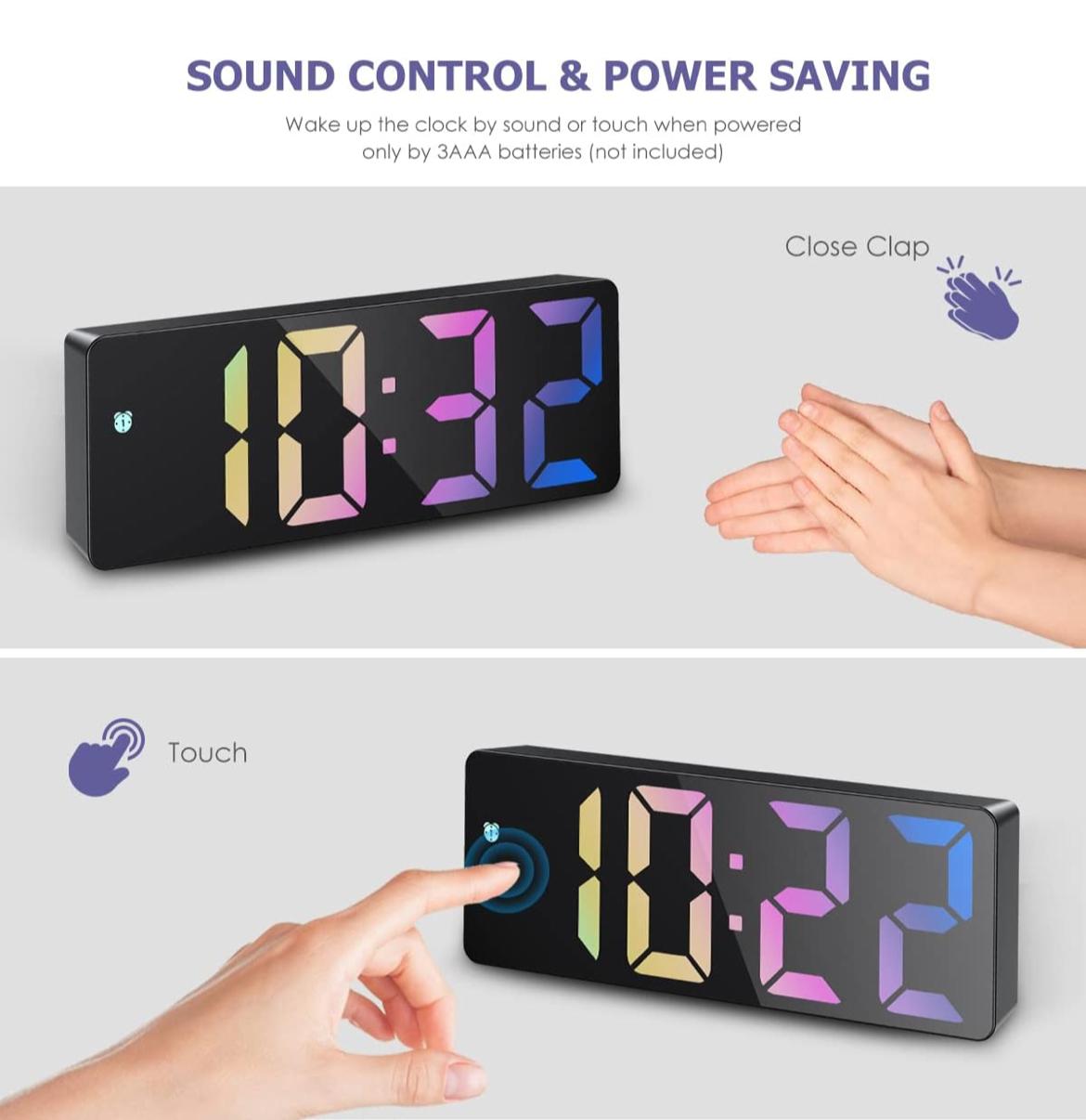 ساعة منبه رقمية ملونة بشاشة LED كبيرة وتحكم صوتي