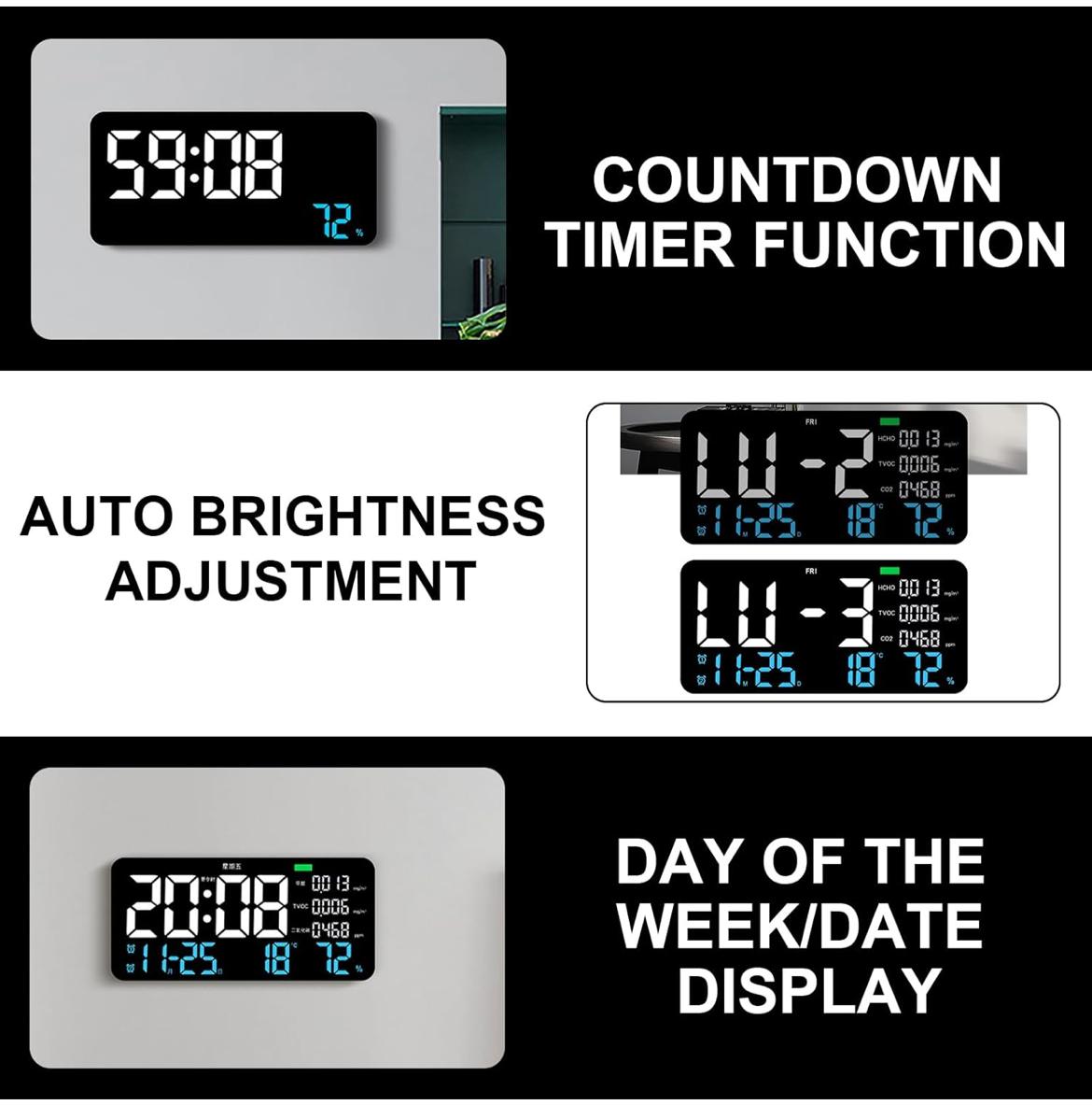 ساعة حائط متعددة الوظائف لمراقبة جودة الهواء مع كشف الفورمالديهايد
