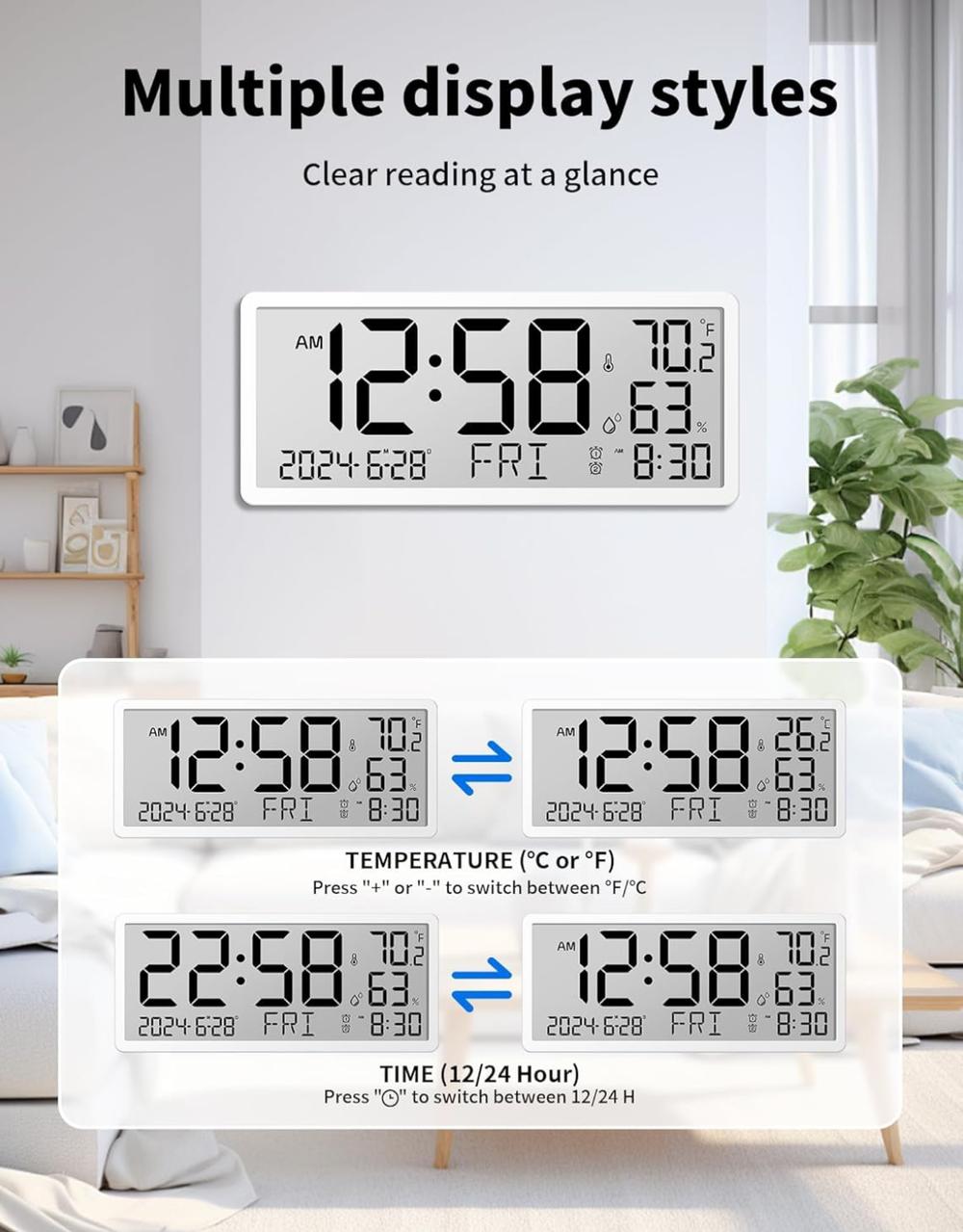 ساعة حائط رقمية من MASHI - شاشة كبيرة 14 بوصة