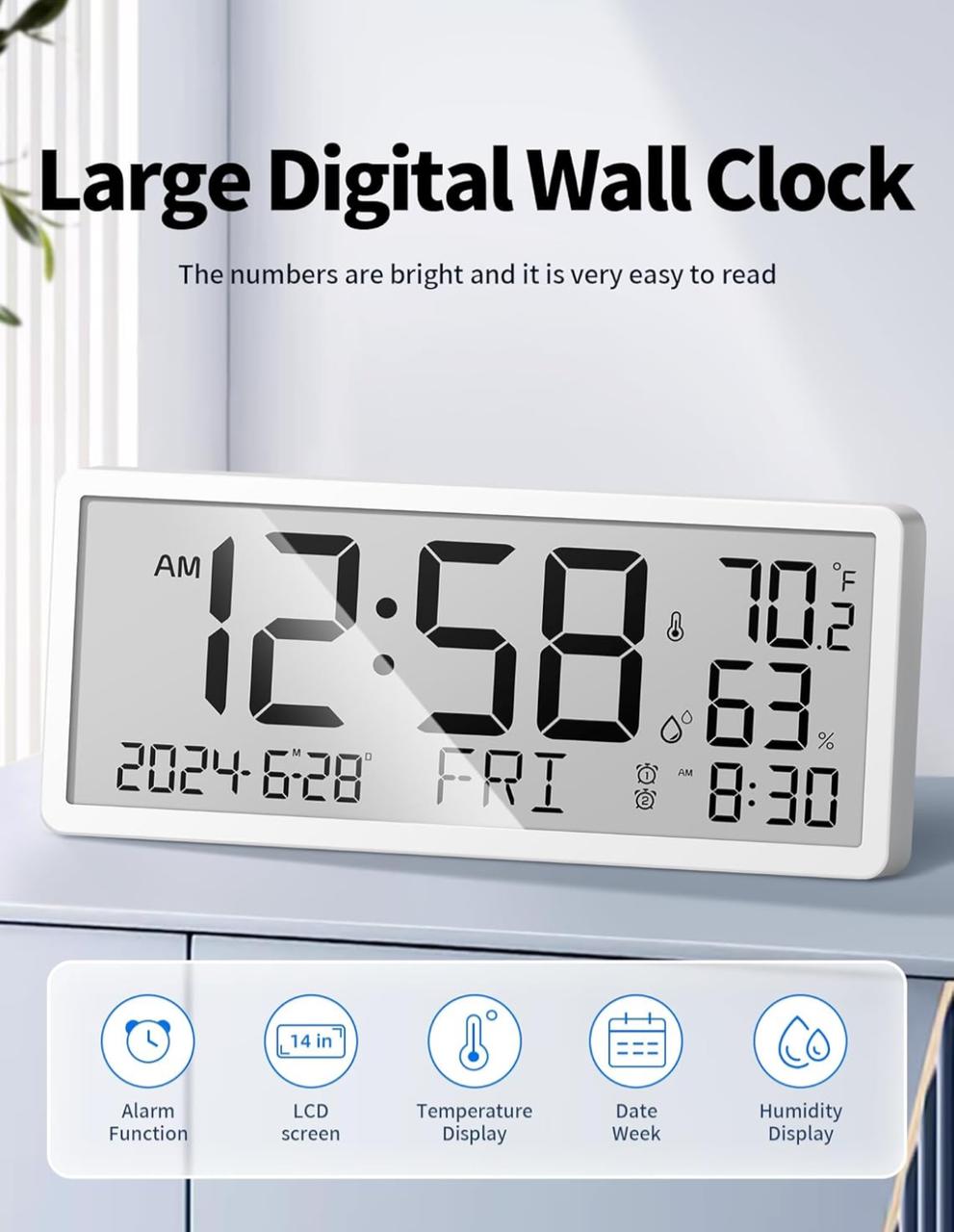 ساعة حائط رقمية من MASHI - شاشة كبيرة 14 بوصة