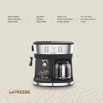 آلة صنع القهوة LePresso 2 في 1 - إسبريسو وتنقيط - ضغط 20 بار - لون أسود