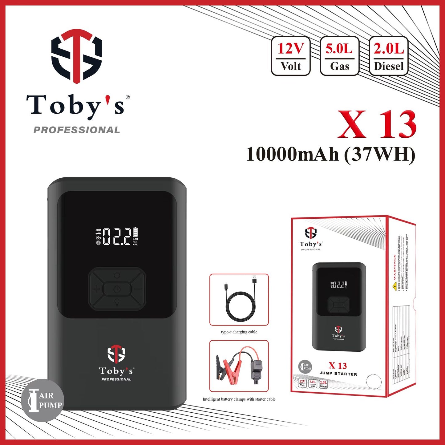 TOBYS X13 - باور بانك متعدد الوظائف بسعة 10000mAh و12 فولت