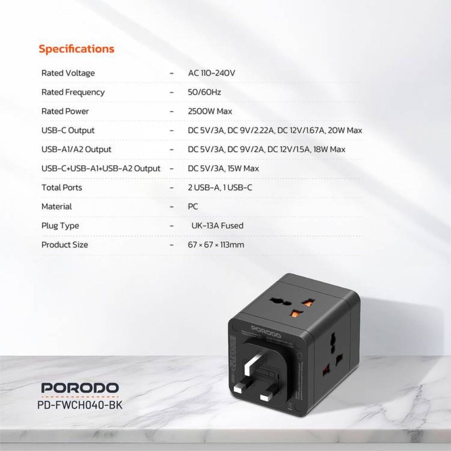 Porodo محول طاقة عالمي بـ4 منافذ AC مع منفذ USB-C ومنفذي USB-A، شحن سريع، توصيل طاقة 20 واط، حماية