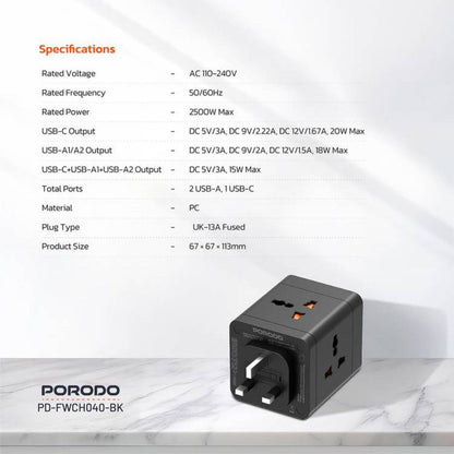 Porodo محول طاقة عالمي بـ4 منافذ AC مع منفذ USB-C ومنفذي USB-A، شحن سريع، توصيل طاقة 20 واط، حماية
