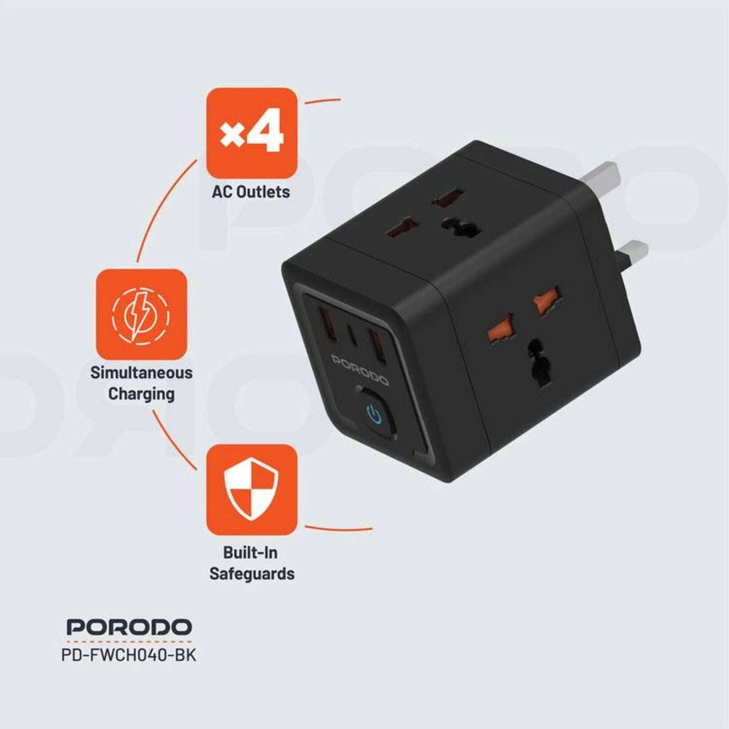 Porodo محول طاقة عالمي بـ4 منافذ AC مع منفذ USB-C ومنفذي USB-A، شحن سريع، توصيل طاقة 20 واط، حماية