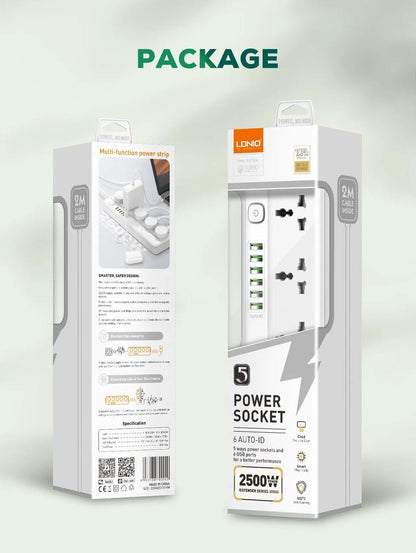 LDNIO مشترك طاقة عالمي بـ 5 منافذ AC – موديل SC5614