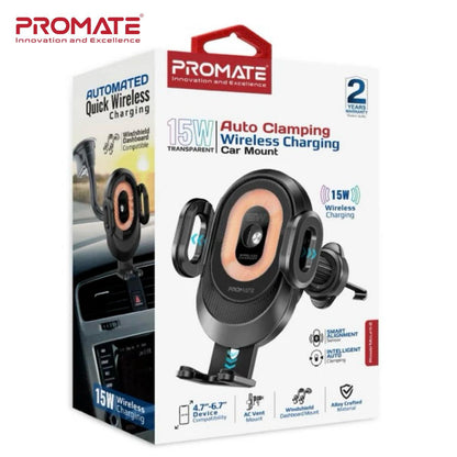 PROMATE 15W Wireless Car Charger with Transparent Design and Automatic Clamping