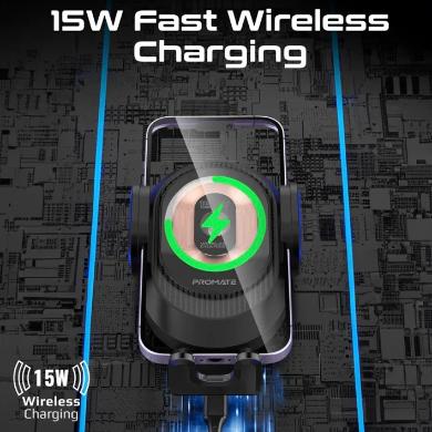 PROMATE 15W Wireless Car Charger with Transparent Design and Automatic Clamping