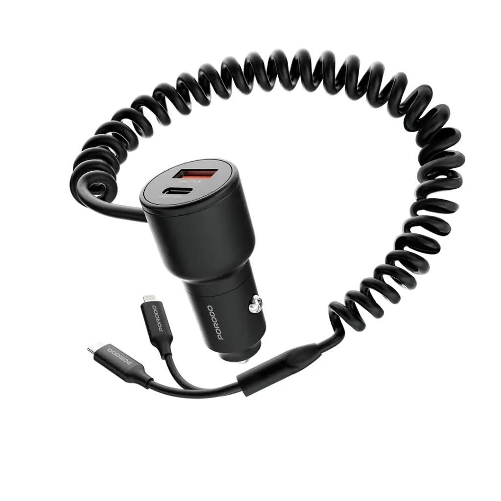 Porodo Dual-Port Car Charger with Built-in Cables (Type-C and Lightning)