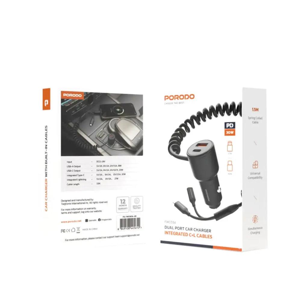 Porodo Dual-Port Car Charger with Built-in Cables (Type-C and Lightning)