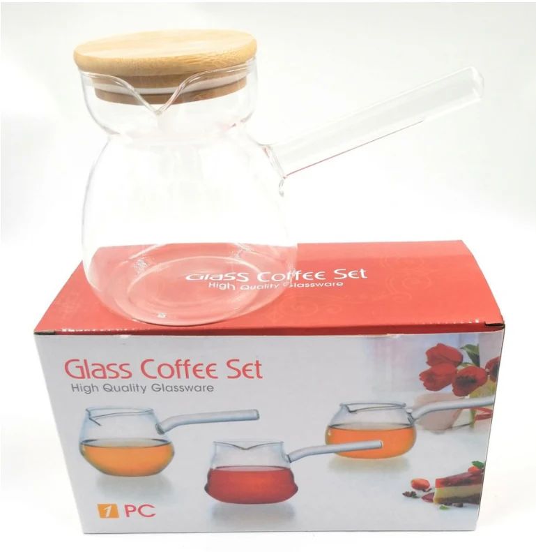 إبريق قهوة من الزجاج المقاوم للحرارة بغطاء خشبي