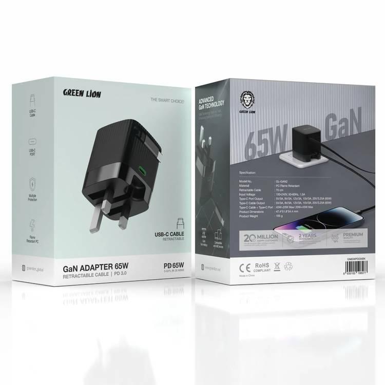محول Green Lion GaN بقوة 65 واط مع كابل قابل للسحب PD 3.0، بطول 70 سم، حماية متعددة