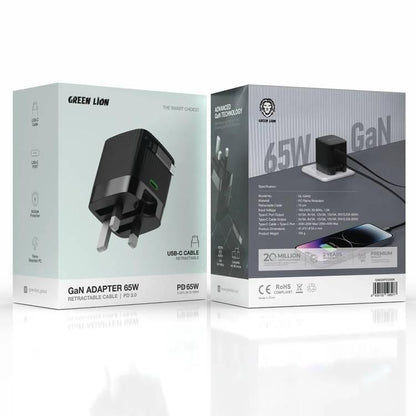 محول Green Lion GaN بقوة 65 واط مع كابل قابل للسحب PD 3.0، بطول 70 سم، حماية متعددة