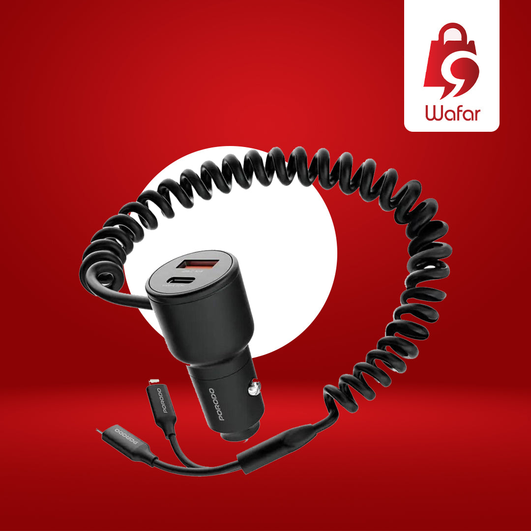 Porodo Dual-Port Car Charger with Built-in Cables (Type-C and Lightning)