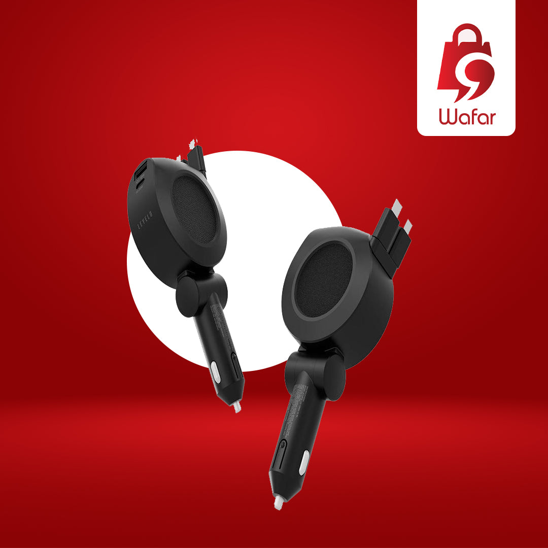 Levelo Orbis 4-in-1 Saffiano Leather Car Charger with 2 Retractable Type-C Cables